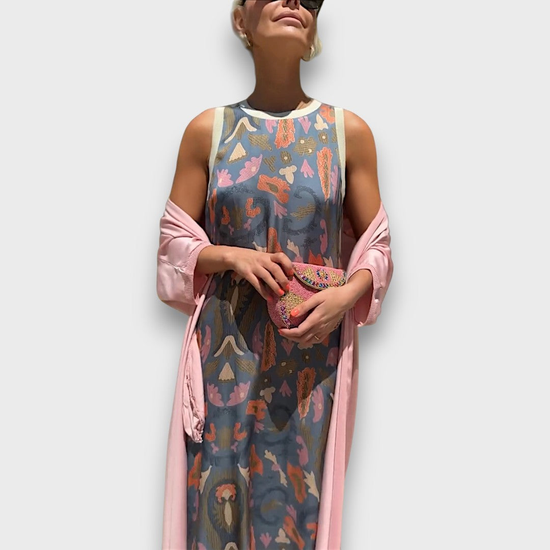 Vestito Lungo con Motivo Floreale e Cardigan Leggero