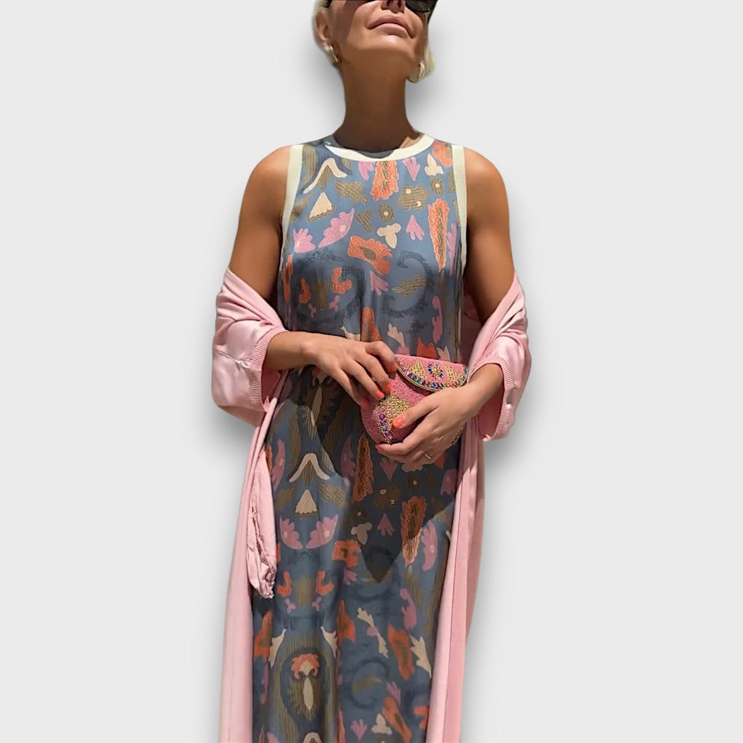 Vestito Lungo con Motivo Floreale e Cardigan Leggero