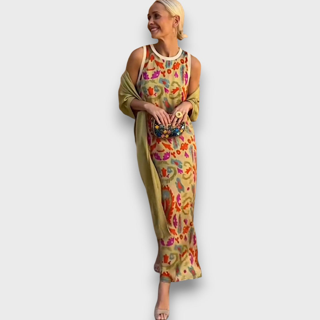 Vestito Lungo con Motivo Floreale e Cardigan Leggero