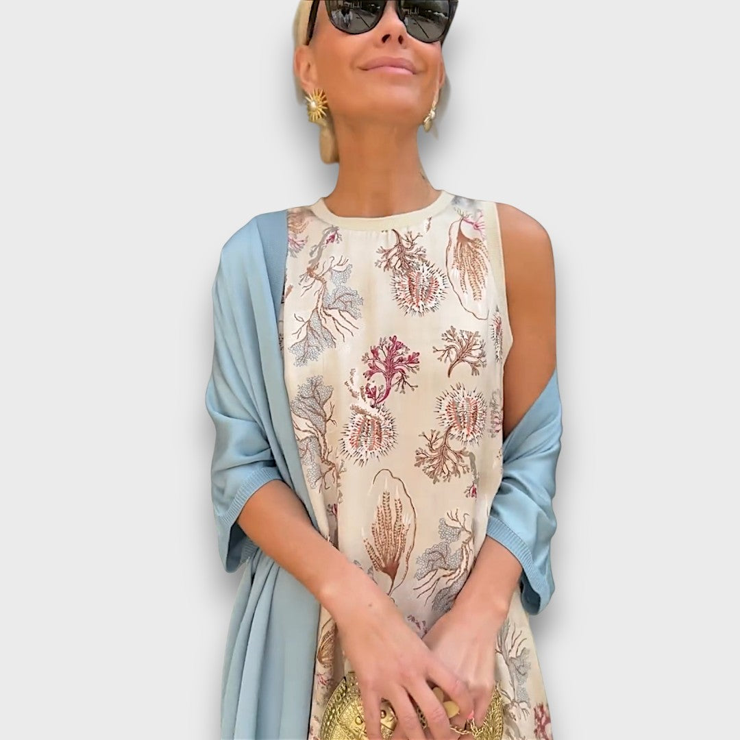 Vestito Lungo con Motivo Floreale e Cardigan Leggero