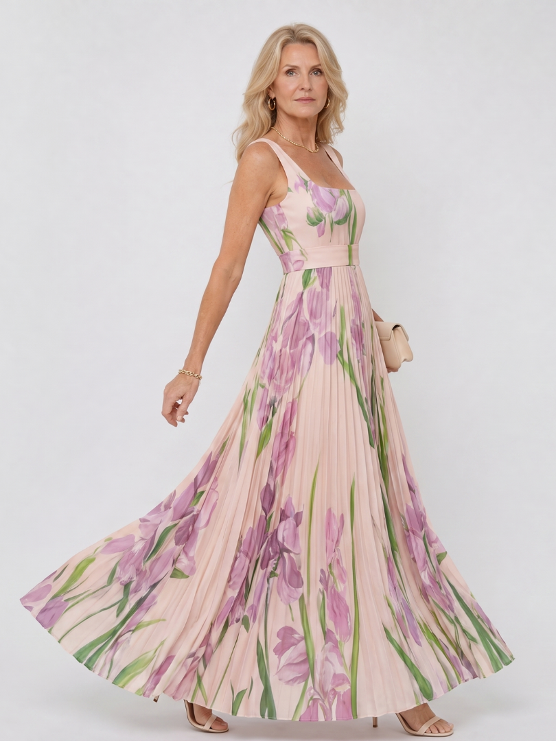 Oriana | Vestito midi senza maniche con scollo quadrato e pieghe