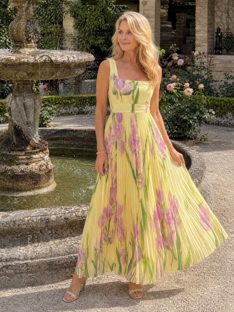 Oriana | Vestito midi senza maniche con scollo quadrato e pieghe