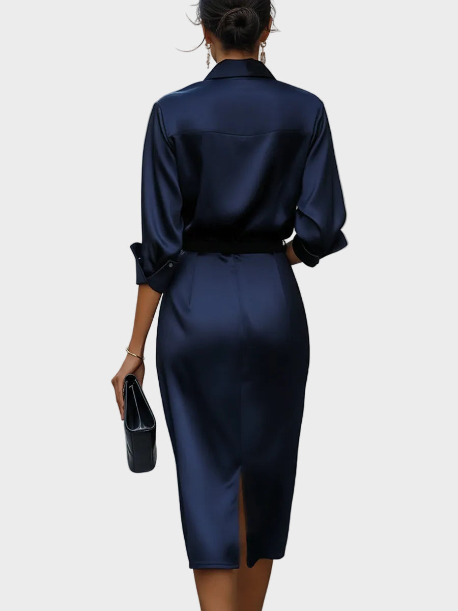 Delilah | Elegante Abito Midi in Satin con Collo Drappeggiato e Cintura Nera