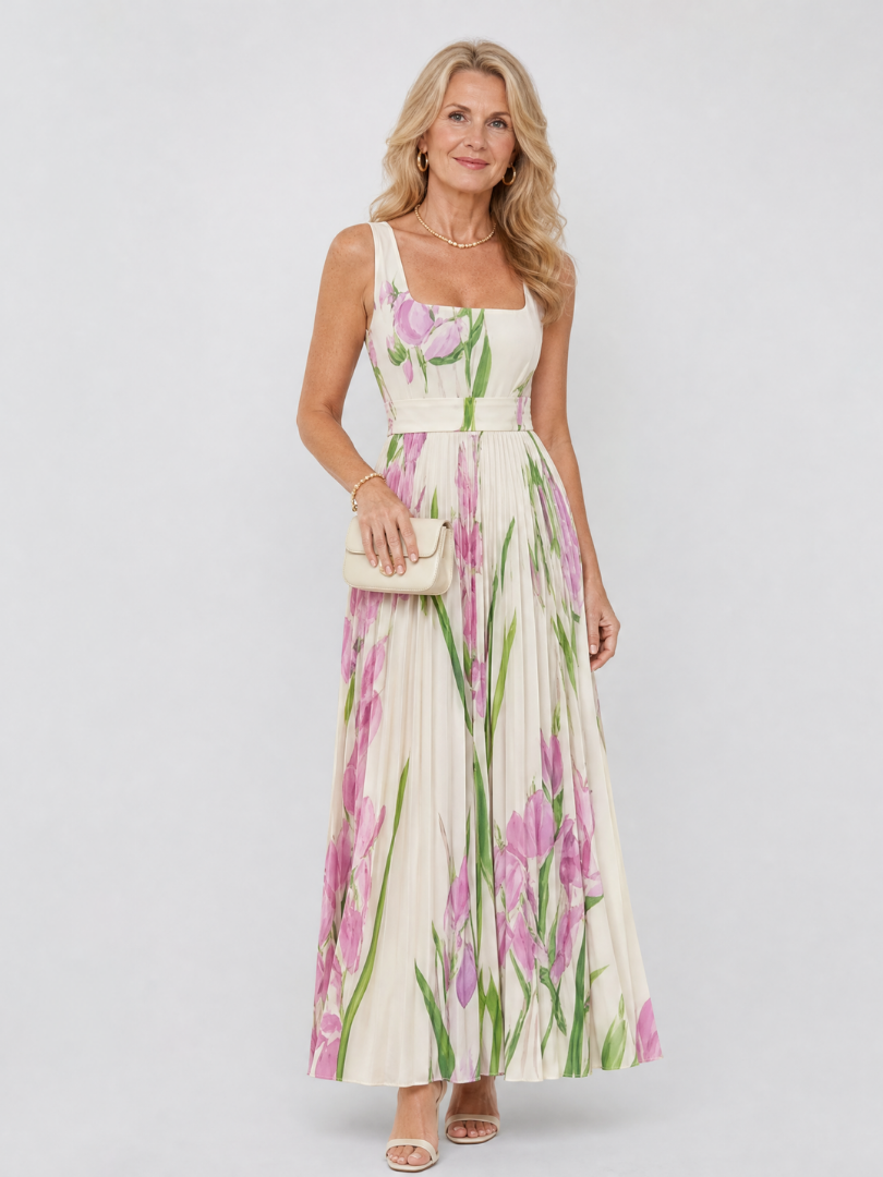 Oriana | Vestito midi senza maniche con scollo quadrato e pieghe