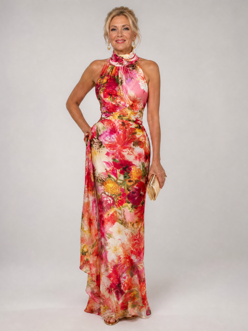 Elisabetta | Abito Maxi con Stampa Floreale e Collo Halter