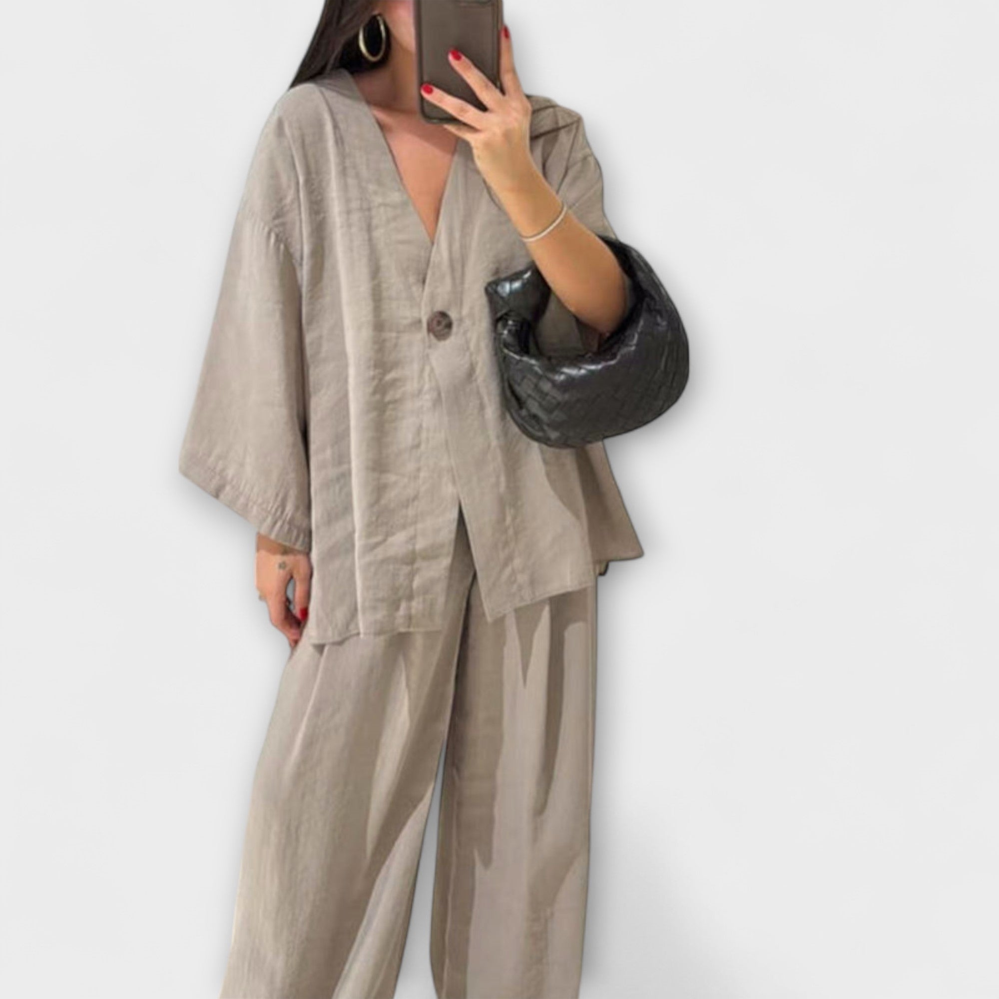 Jacqueline - Top casual con scollo a V e pantaloni coordinati