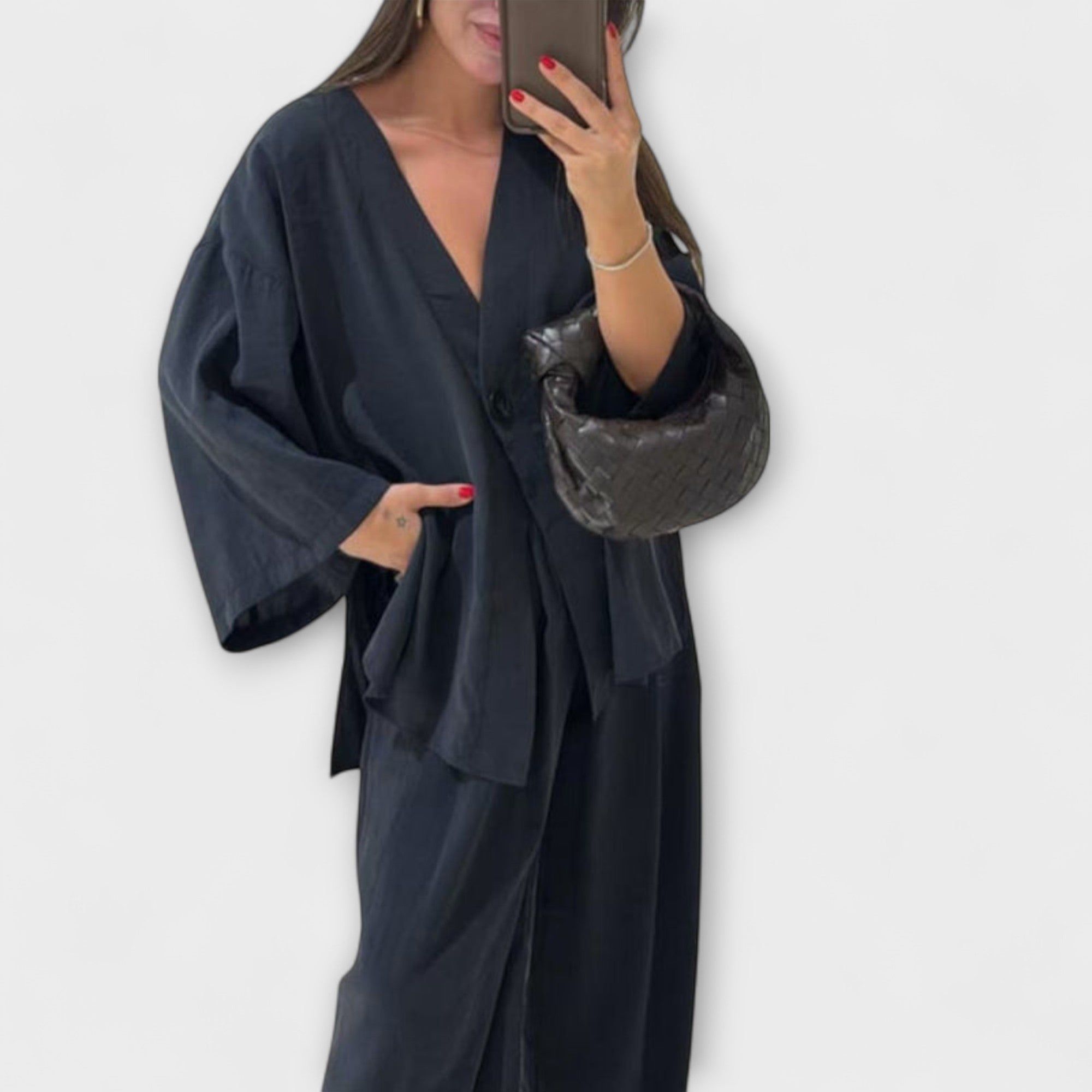 Jacqueline - Top casual con scollo a V e pantaloni coordinati