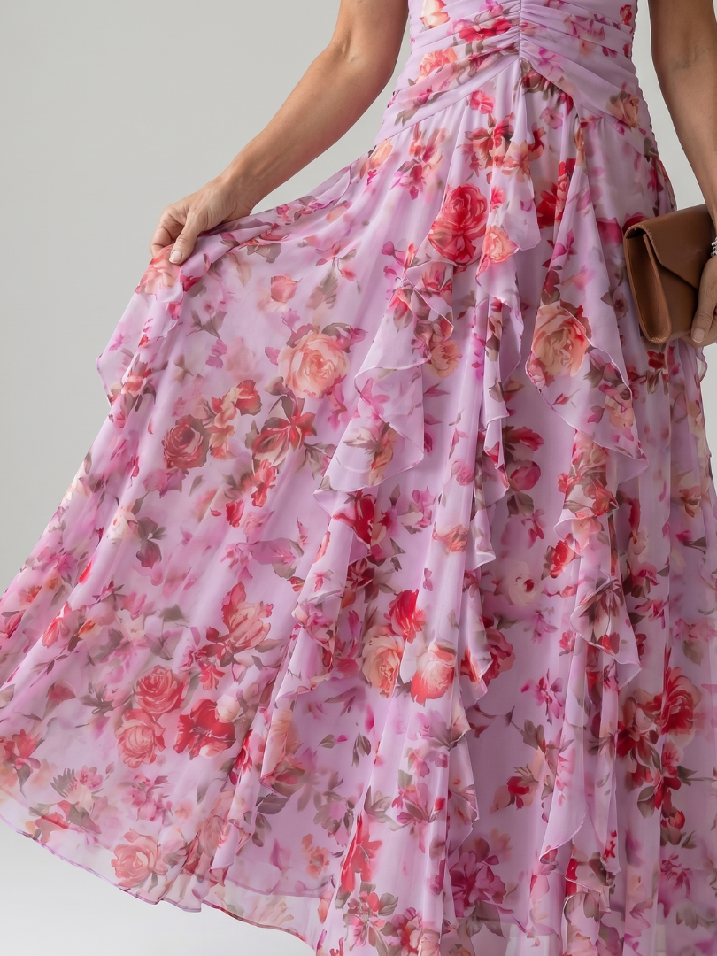 Nori | Abito Maxi Floreale con Scollo All'Americana e Corpetto Arricciato