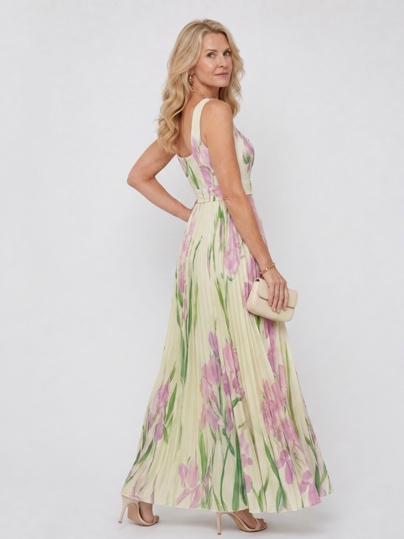 Oriana | Vestito midi senza maniche con scollo quadrato e pieghe