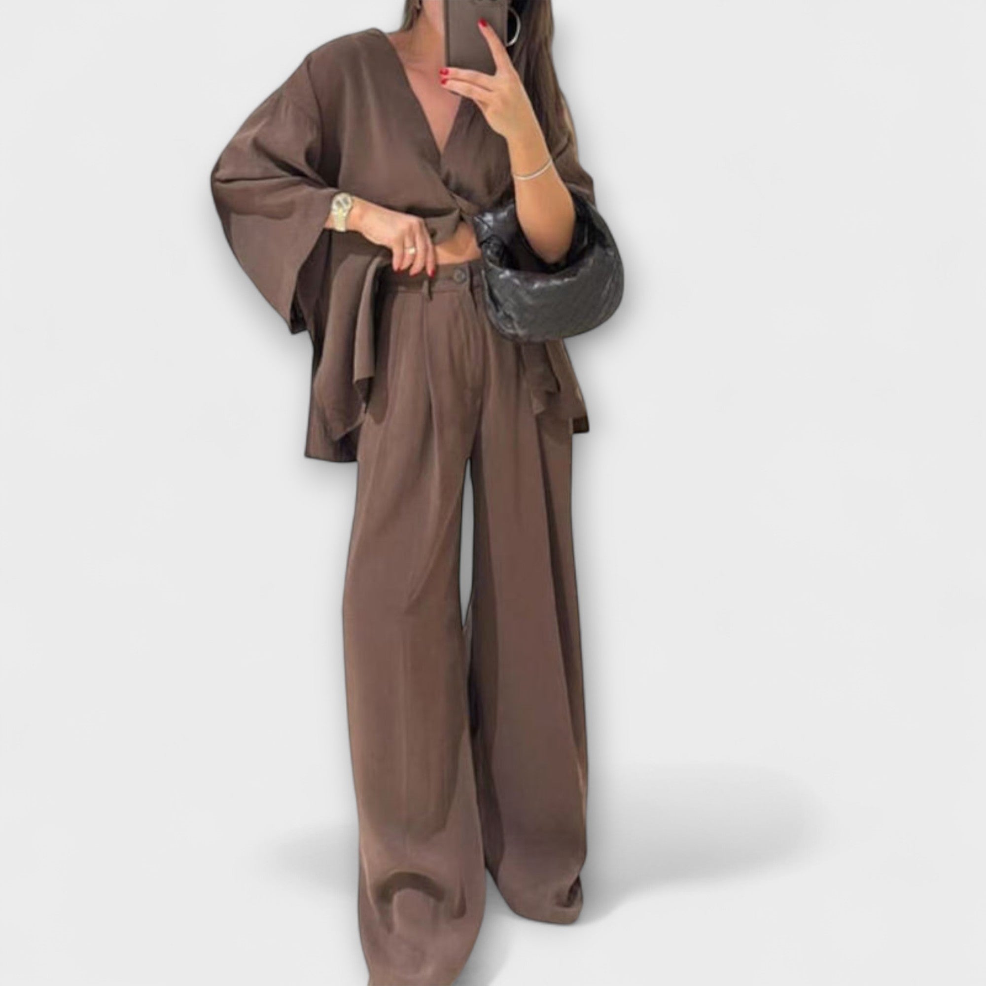 Jacqueline - Top casual con scollo a V e pantaloni coordinati