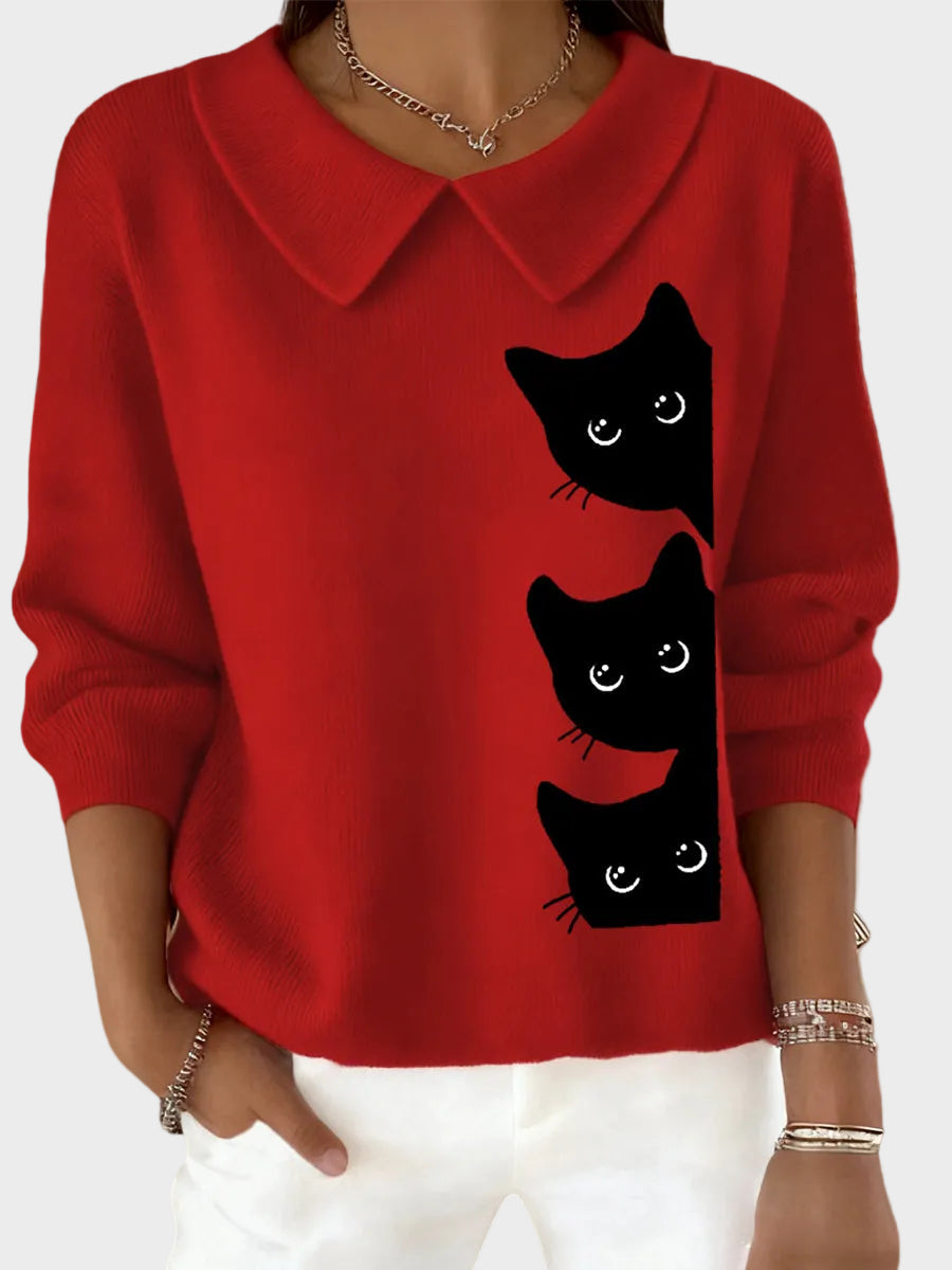 Leslie | Top Donna con Design Divertente di Gatto per Amanti dei Gatti e Collo Baby Doll