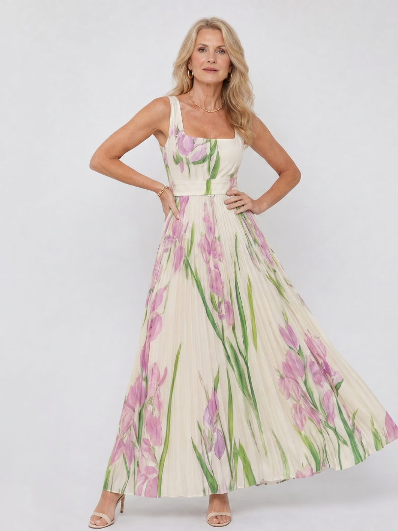 Oriana | Vestito midi senza maniche con scollo quadrato e pieghe