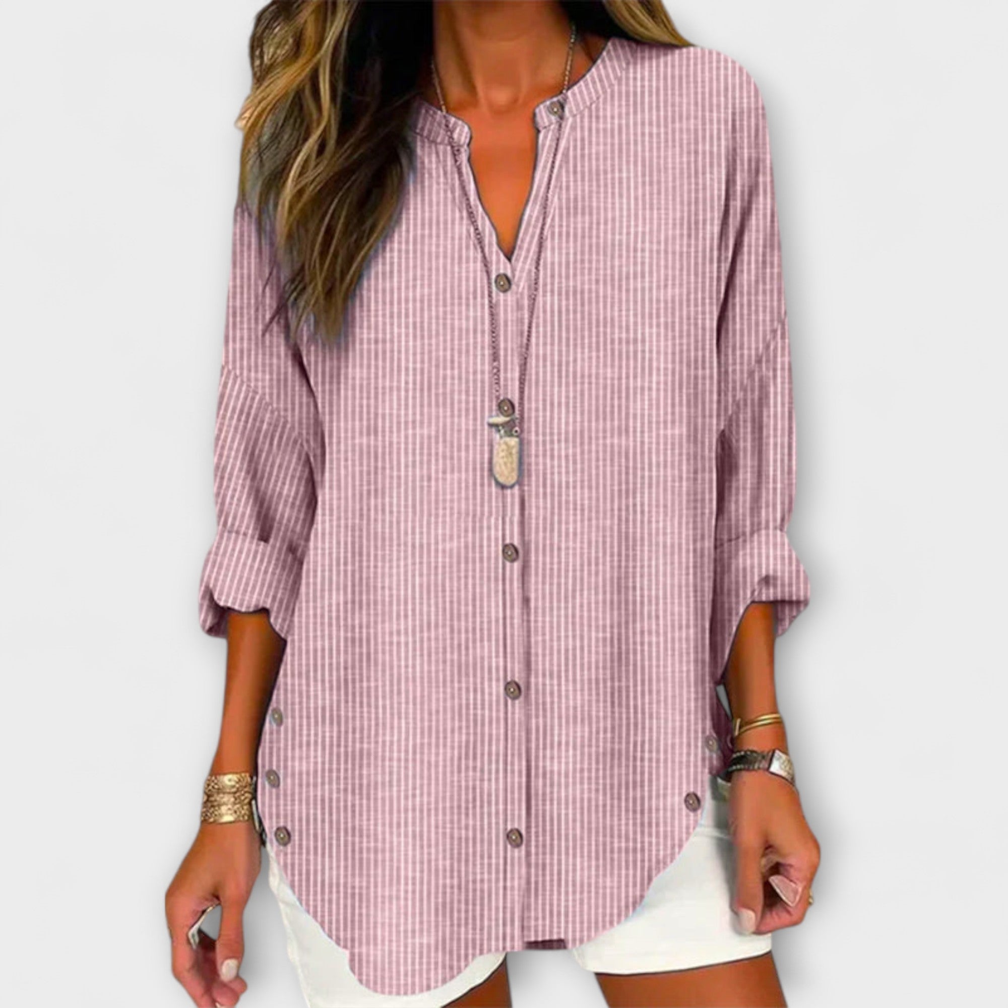 Lucida – Top con scollo a V, design elegante e classico a righe