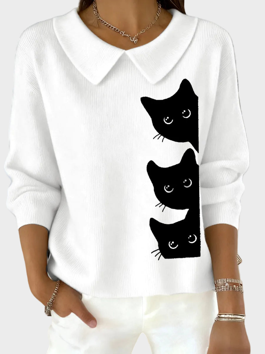 Leslie | Top Donna con Design Divertente di Gatto per Amanti dei Gatti e Collo Baby Doll