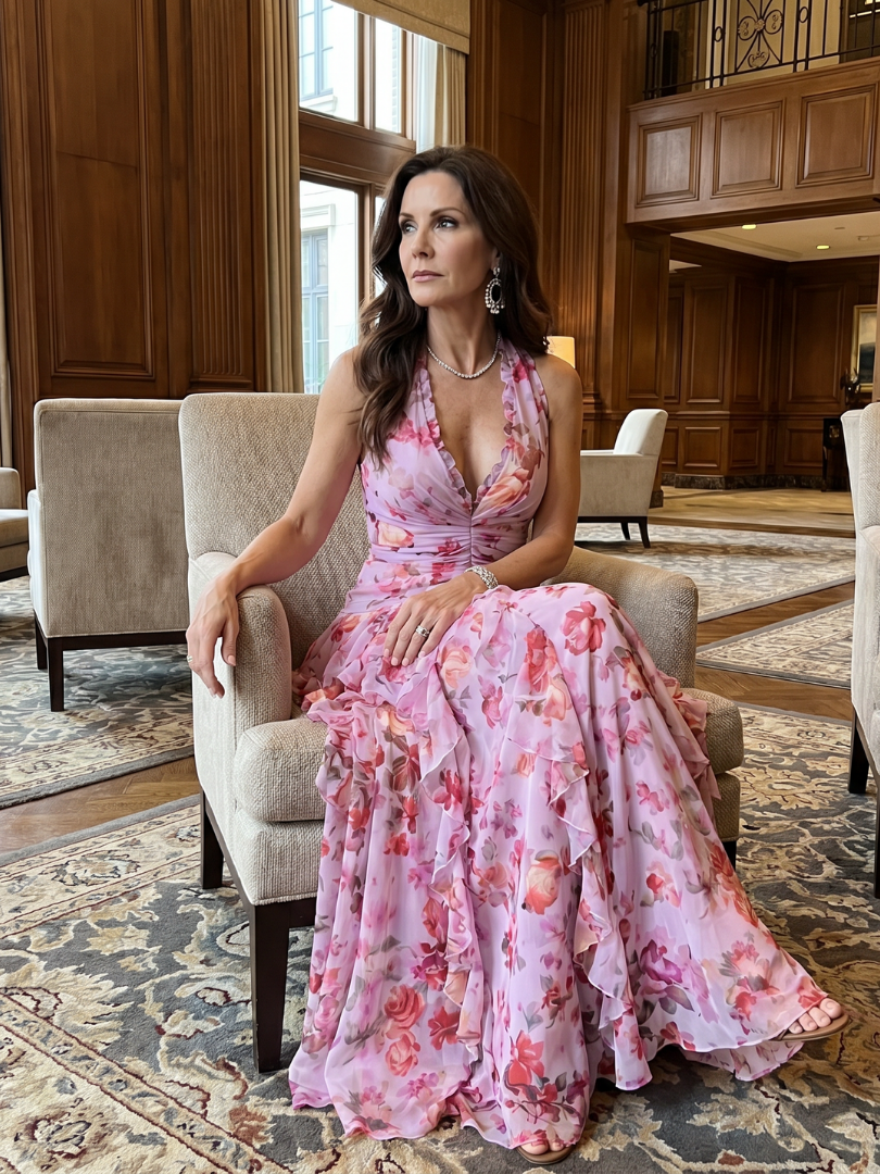 Nori | Abito Maxi Floreale con Scollo All'Americana e Corpetto Arricciato
