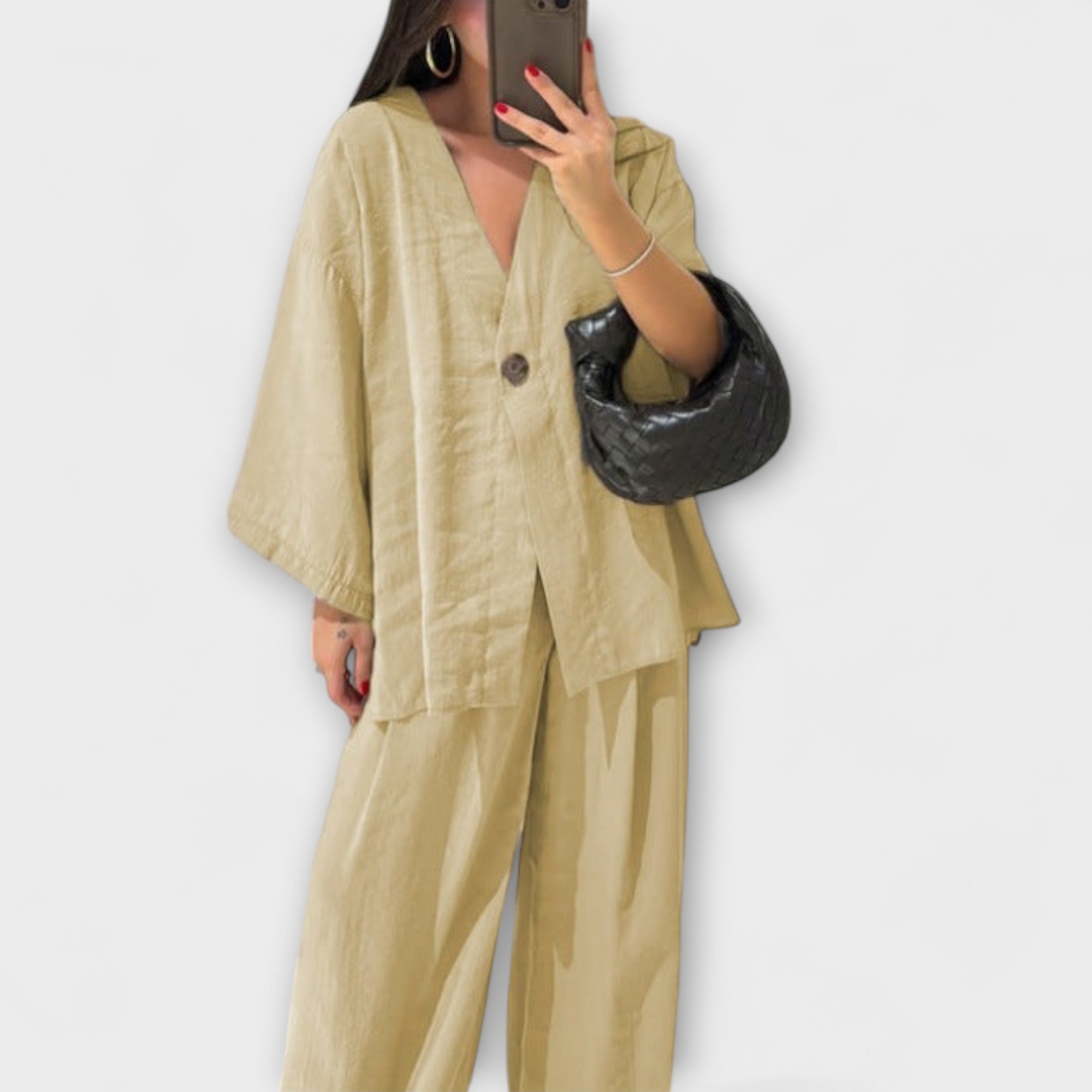 Jacqueline - Top casual con scollo a V e pantaloni coordinati