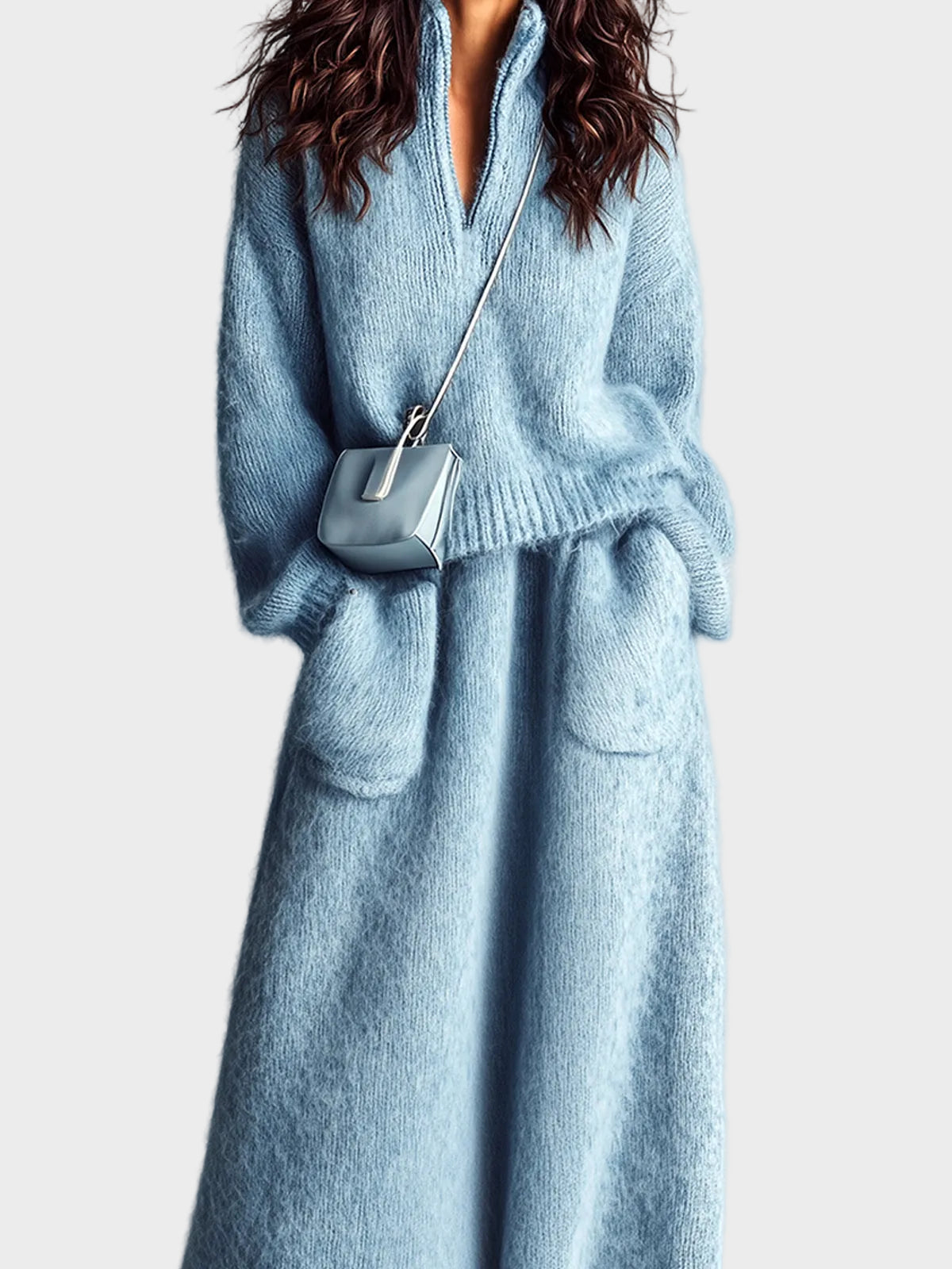Rosie - Set elegante blu in due pezzi con maglione a collo alto, scollatura a V, maniche lunghe e linea morbida, e gonna maxi con tasca e lavorazione pelosa