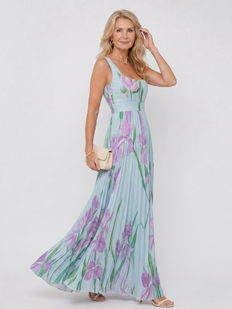 Oriana | Vestito midi senza maniche con scollo quadrato e pieghe
