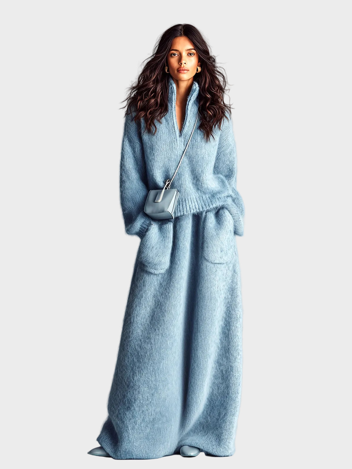 Rosie - Set elegante blu in due pezzi con maglione a collo alto, scollatura a V, maniche lunghe e linea morbida, e gonna maxi con tasca e lavorazione pelosa