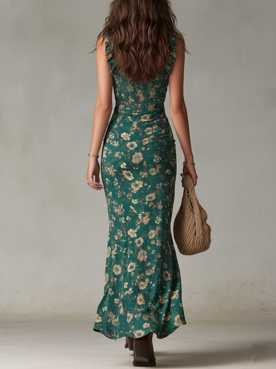 Sara | Vestito lungo in stile boho retro con maniche arricciate e spacco alto