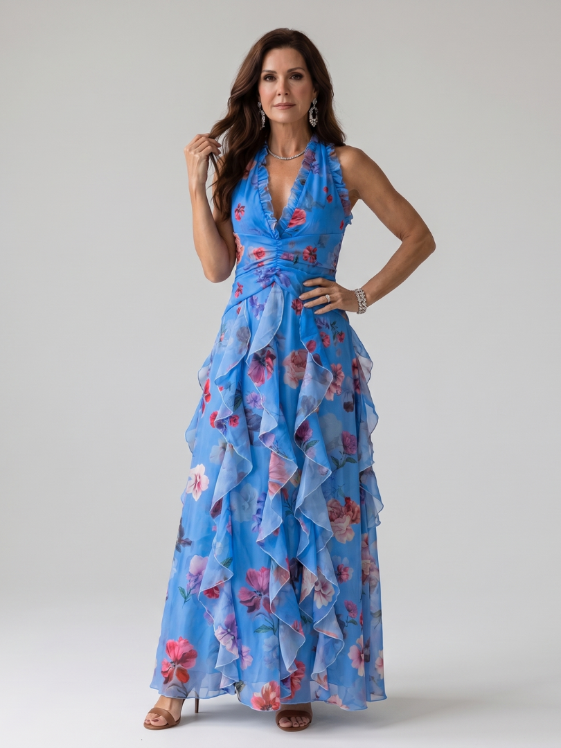 Nori | Abito Maxi Floreale con Scollo All'Americana e Corpetto Arricciato