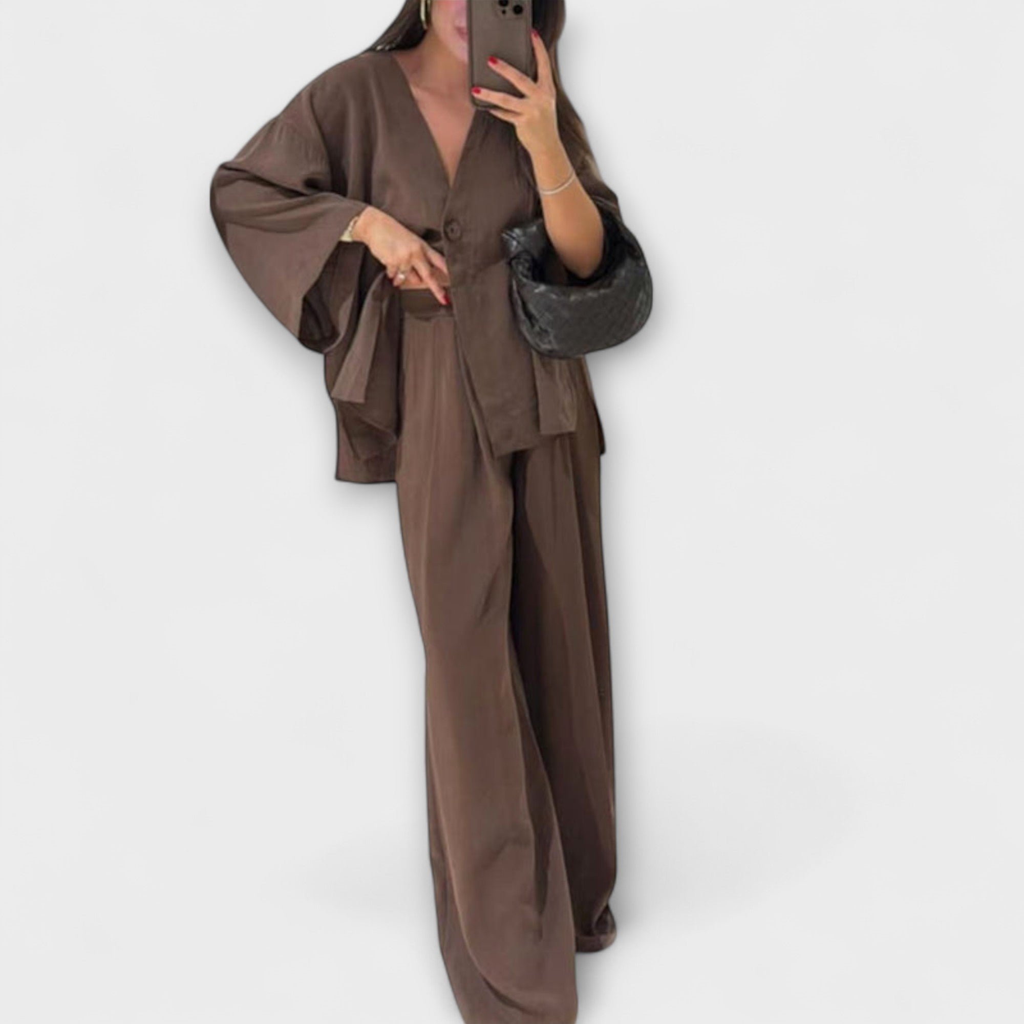 Jacqueline - Top casual con scollo a V e pantaloni coordinati