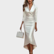 Blanca | Abito da Donna Bianco in Satin con Scollatura a V e Maniche 3/4, Giacca Bodycon Maxi Alto-Basso