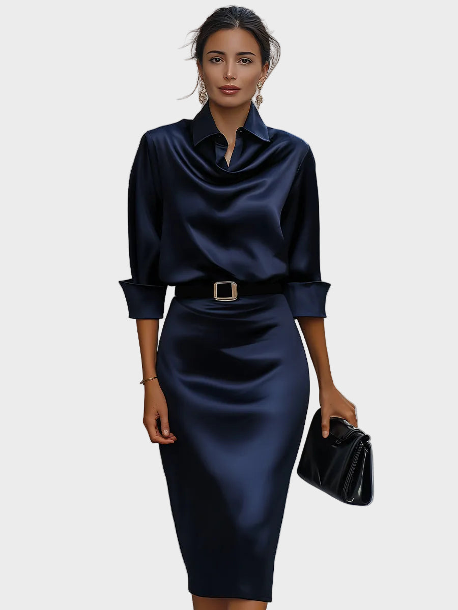 Delilah | Elegante Abito Midi in Satin con Collo Drappeggiato e Cintura Nera