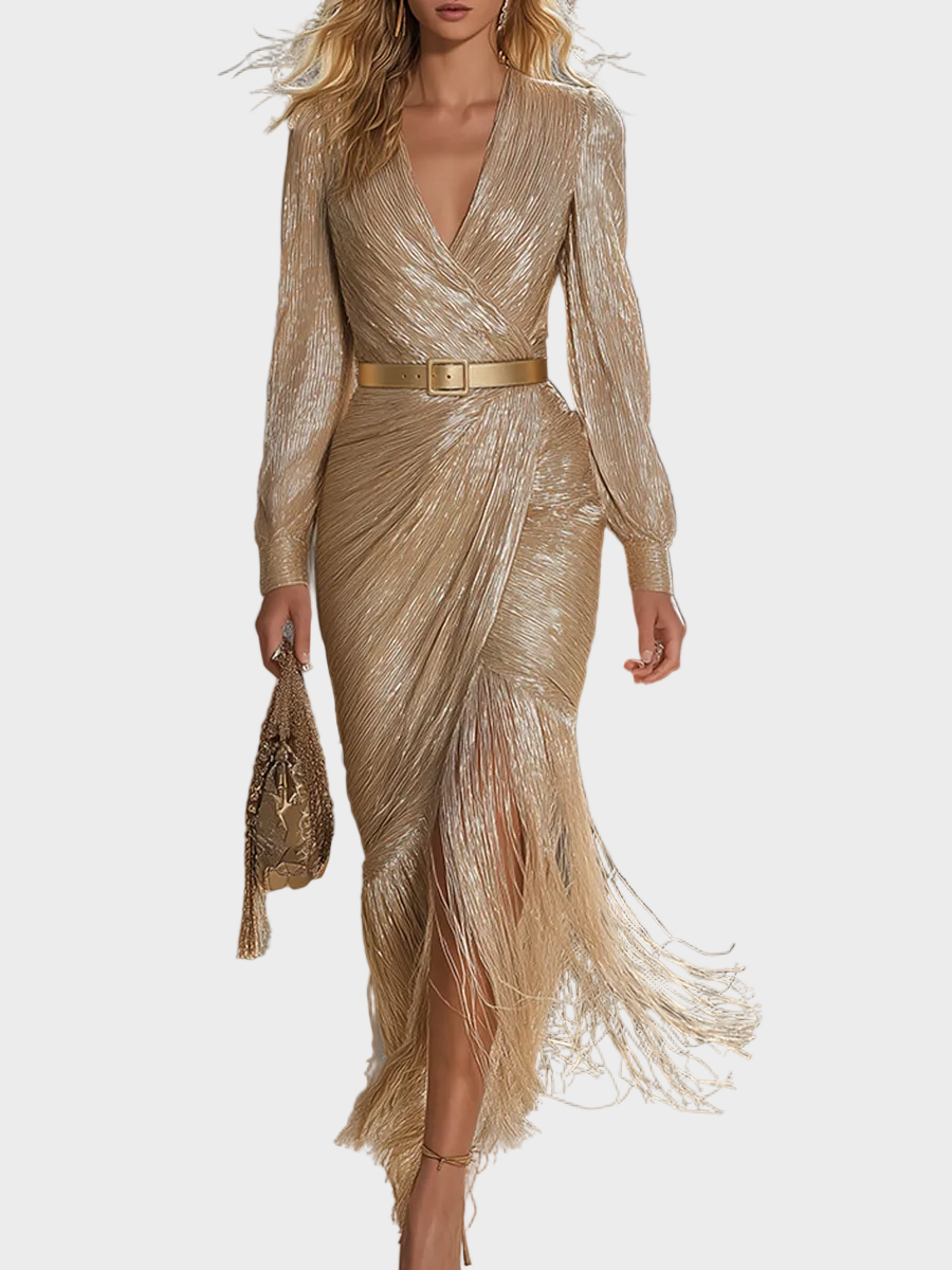 Jollie | Maxi Abito Elegante e Raffinato in Colore Champagne con Scollatura a V, Frange e Luccichio