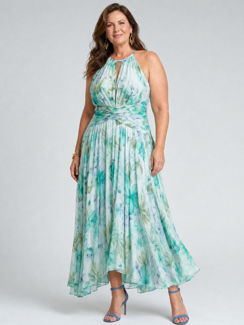 Portia | Abito Midi in Stile Halter con Pieghe e Motivo Floreale Morbido