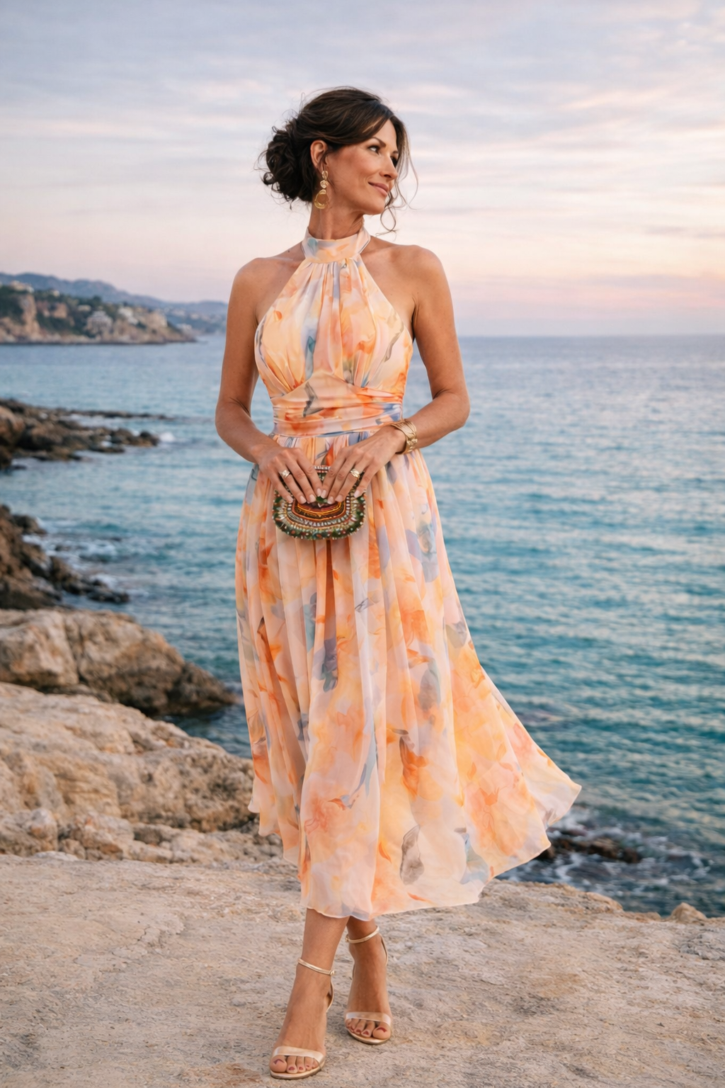 Aurora | Abito con scollo Halter e Stampa Acquerello