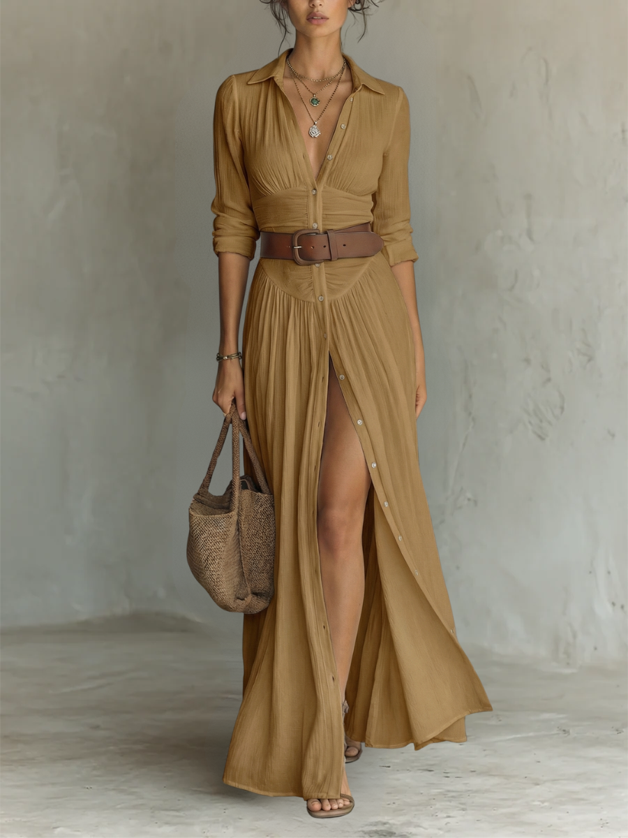 Lana | Abito Maxi Lungo da Donna in Lino con Collo e Maniche Lunghe