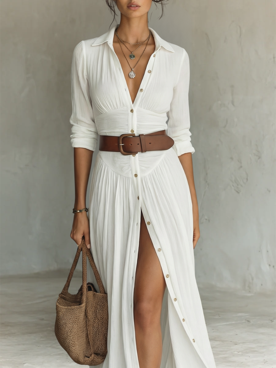 Lana | Abito Maxi Lungo da Donna in Lino con Collo e Maniche Lunghe