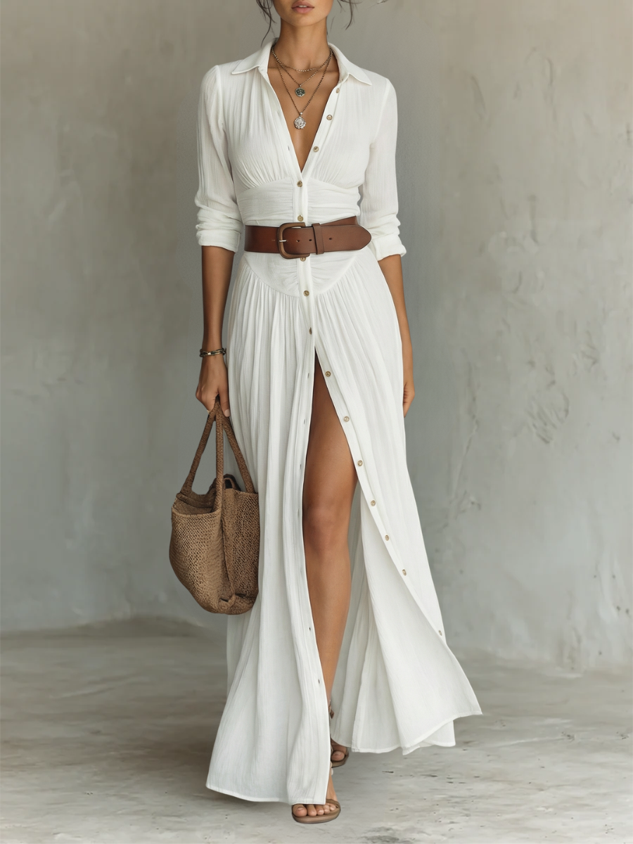 Lana | Abito Maxi Lungo da Donna in Lino con Collo e Maniche Lunghe