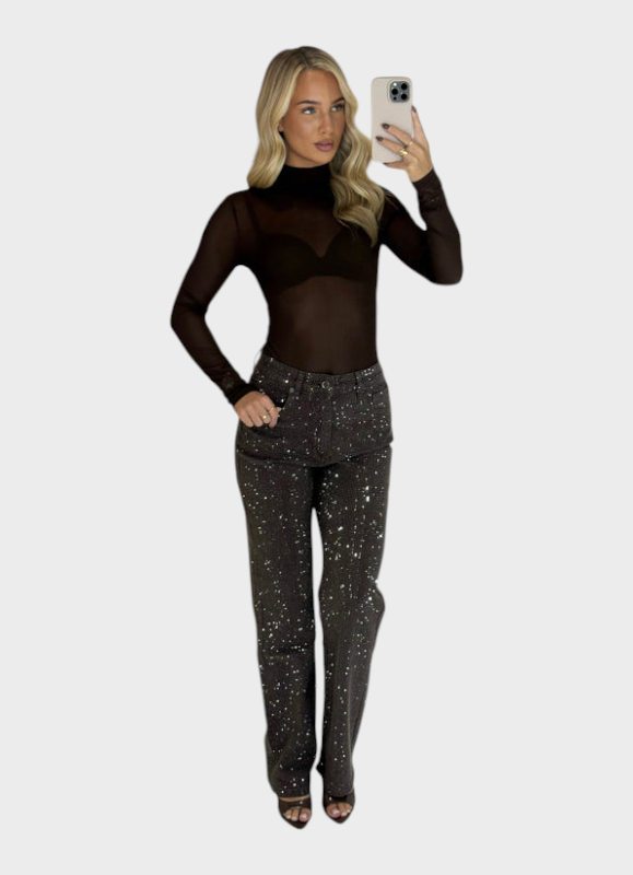 Celeste | Jeans con Gamba Dritta e Brillanti con Strass in Cioccolato