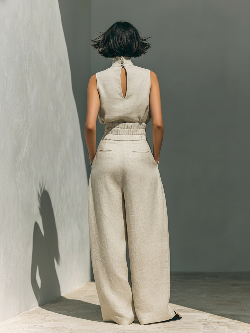 Maria | Set Minimal con Top e Pantaloni Larghi in Cotone e Lino
