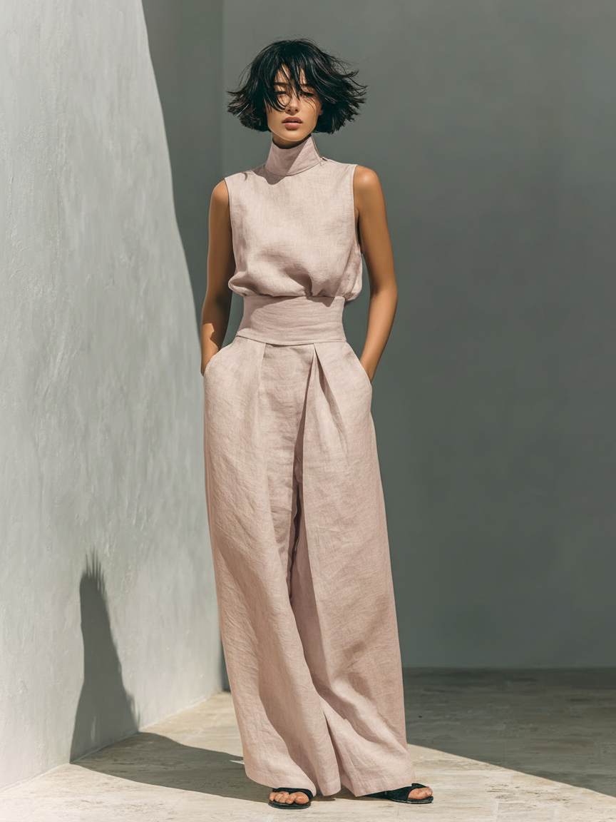 Maria | Set Minimal con Top e Pantaloni Larghi in Cotone e Lino