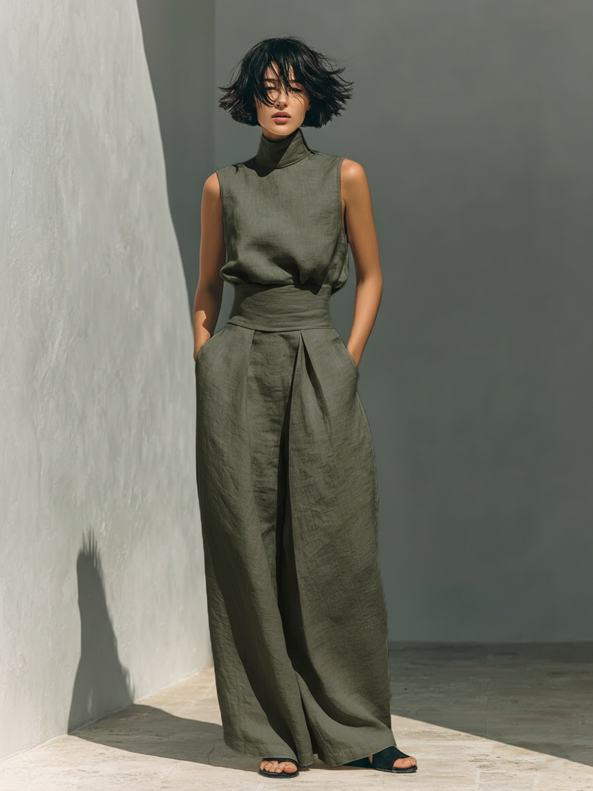 Maria | Set Minimal con Top e Pantaloni Larghi in Cotone e Lino