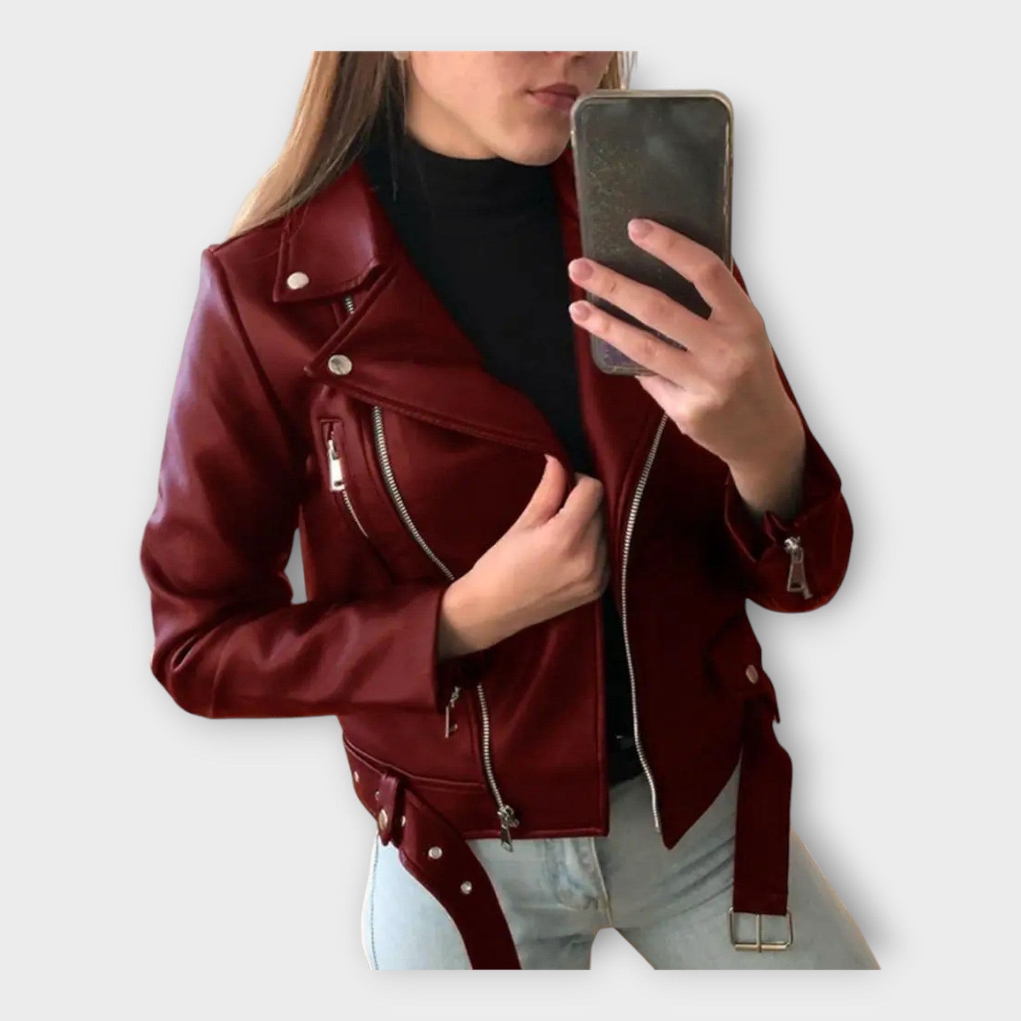 Giacca in Pelle Moderna con Cintura e Zip