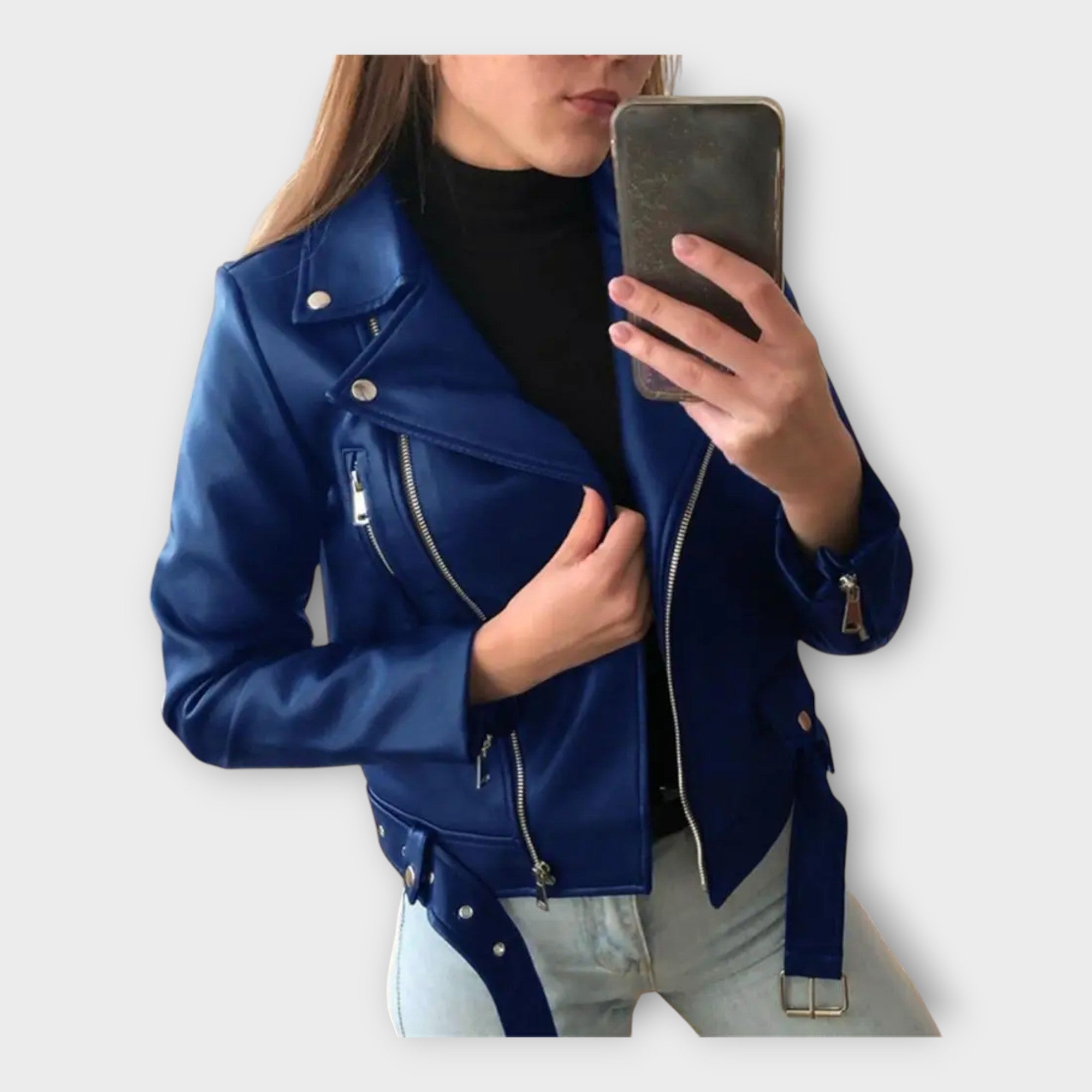 Giacca in Pelle Moderna con Cintura e Zip