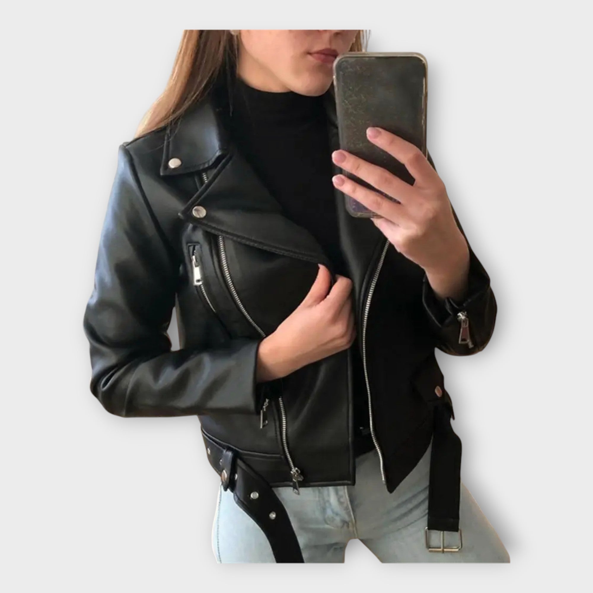 Giacca in Pelle Moderna con Cintura e Zip