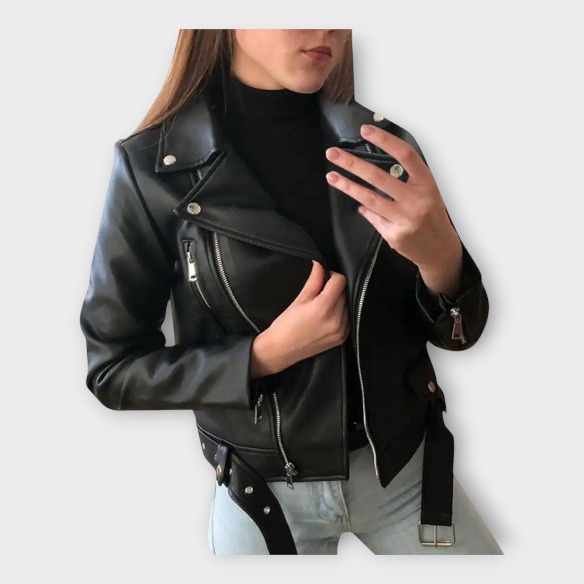 Giacca in Pelle Moderna con Cintura e Zip