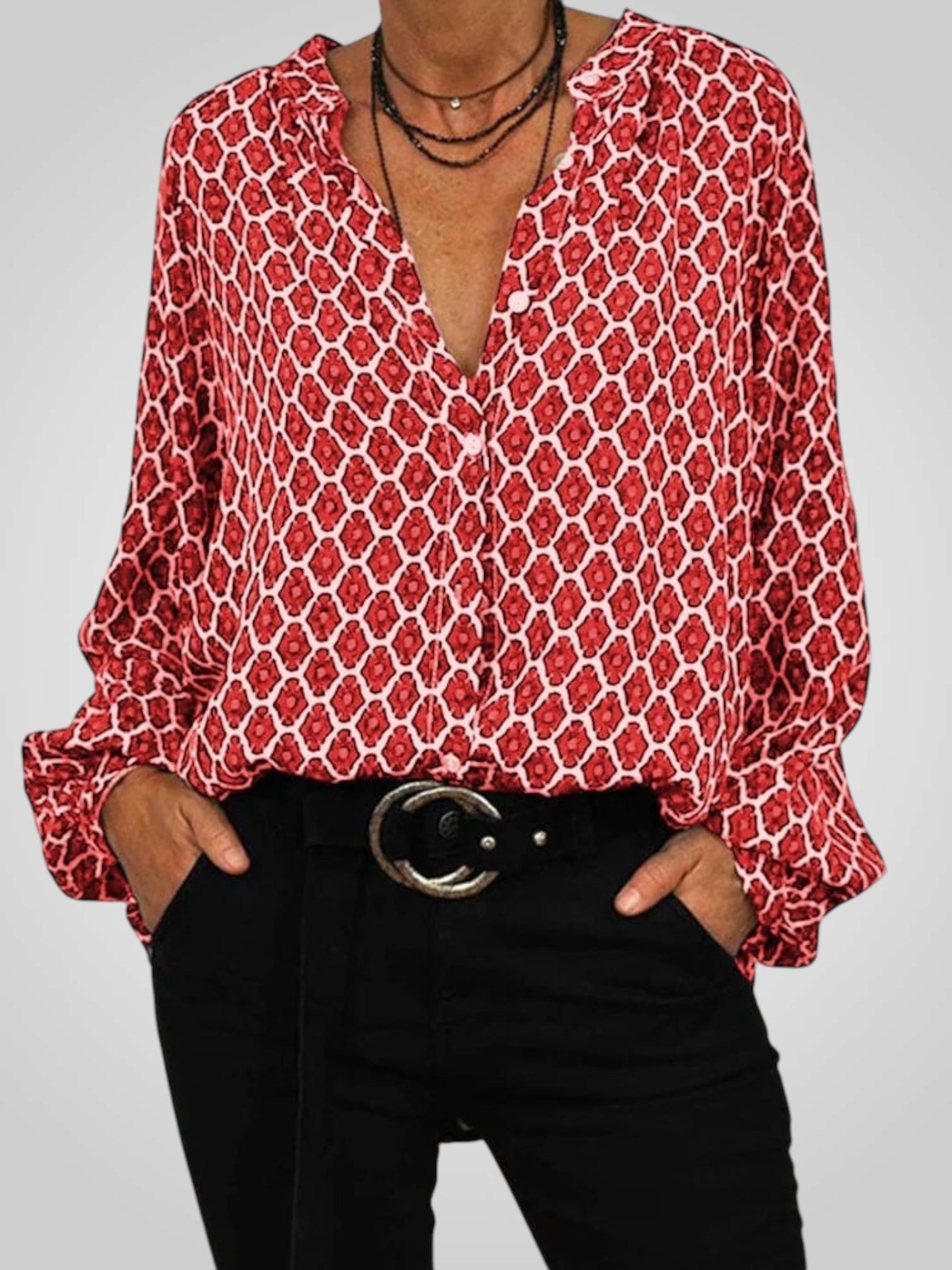 Nela | Elegante Blusa con Collo a V e Motivo Geometrico