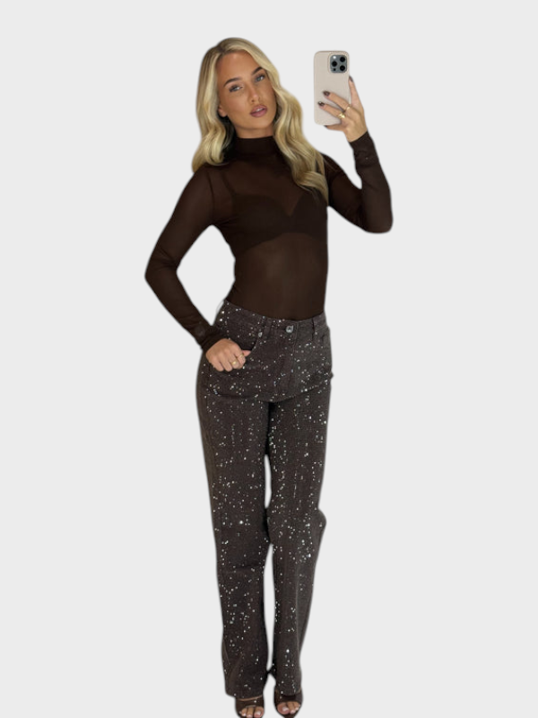Celeste | Jeans con Gamba Dritta e Brillanti con Strass in Cioccolato