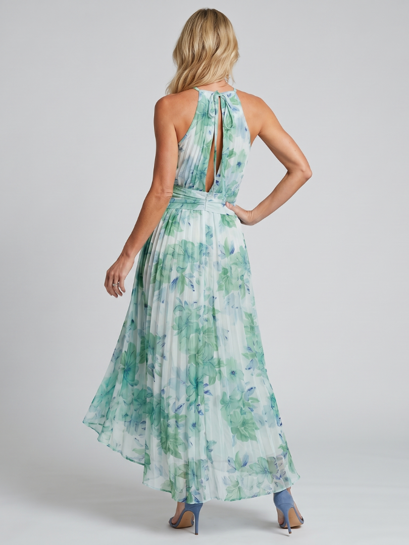 Portia | Abito Midi in Stile Halter con Pieghe e Motivo Floreale Morbido