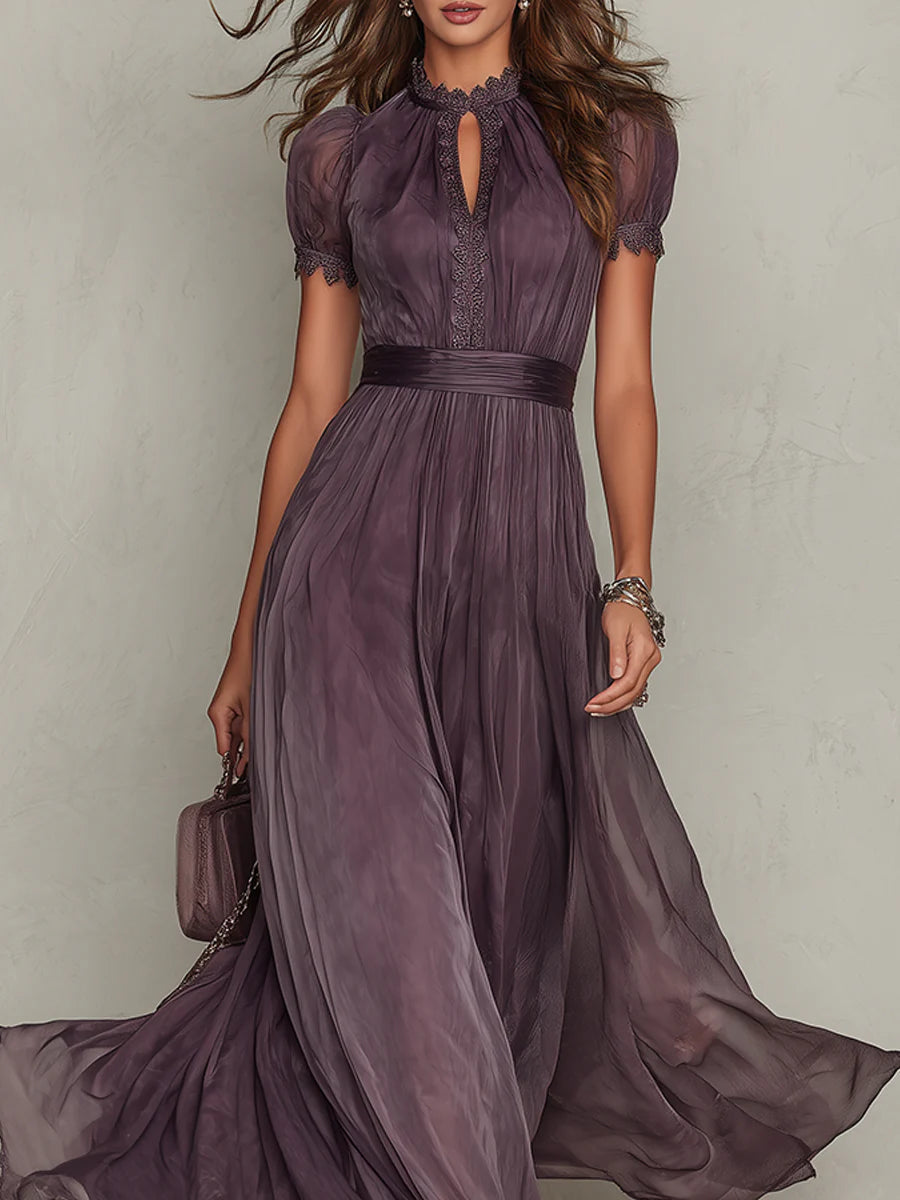 Flavia - Abito lungo viola con scollatura a goccia e dettagli in pizzo chiffon