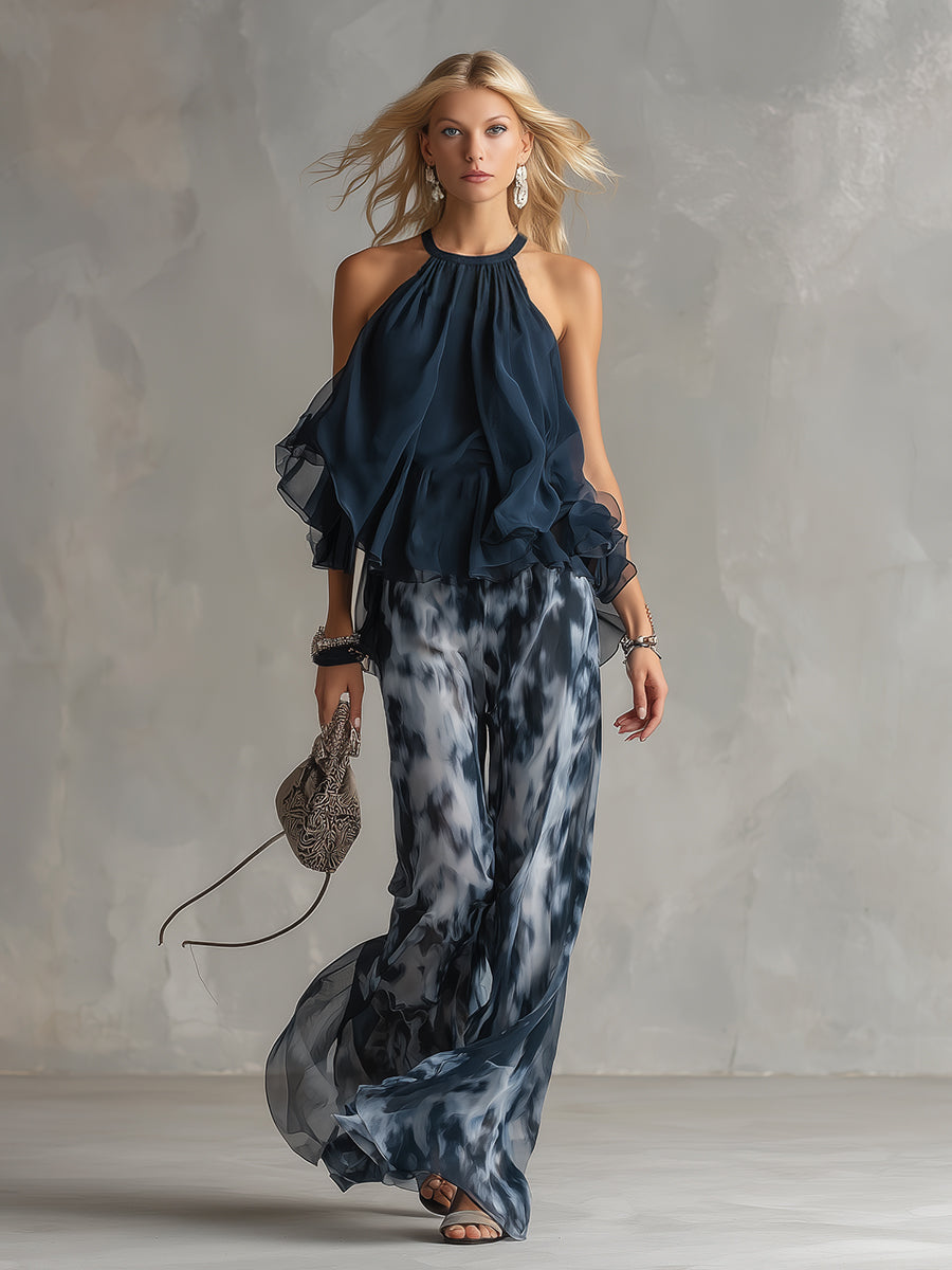 Ludovica | Set Elegante in Chiffon con Top a Collo Alto e Pantaloni Larghi con Stampa
