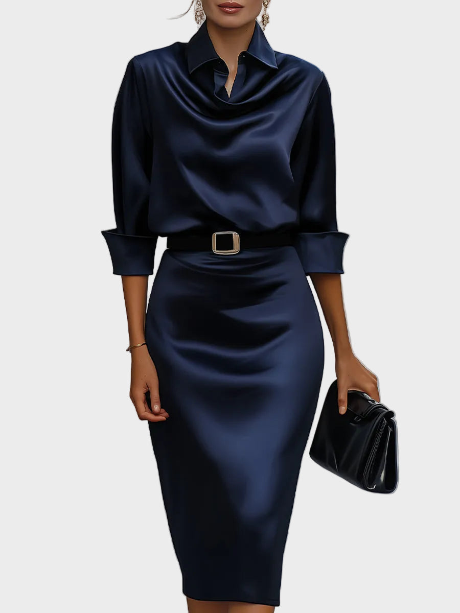 Delilah | Elegante Abito Midi in Satin con Collo Drappeggiato e Cintura Nera