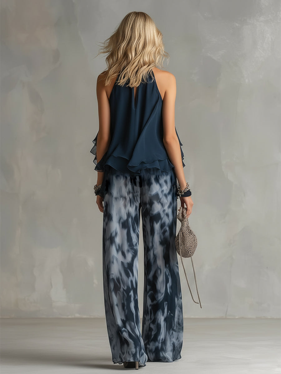 Ludovica | Set Elegante in Chiffon con Top a Collo Alto e Pantaloni Larghi con Stampa