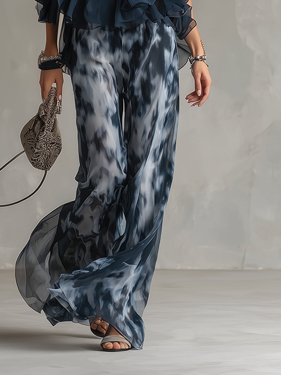 Ludovica | Set Elegante in Chiffon con Top a Collo Alto e Pantaloni Larghi con Stampa